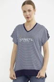 Çizgili V Yaka Payetli Tişört - Lacivert thumbnail 1