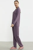 Düz Renk Gömlek Model Pijama Takım - Mor thumbnail 5