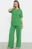 Düğme Detaylı Keten Görünümlü Rahat Takım - Yeşil thumbnail 3