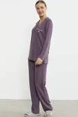 Yarım Düğmeli Cep Detaylı Pijama Takım - Mor - 4