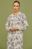 Gömlek Yaka Desenli Uzun Kol Elbise - Mavi - 3