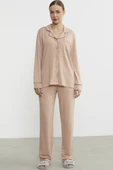 Düz Renk Gömlek Model Pijama Takım - Somon - 3