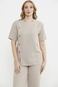 Düğme Detaylı Keten Görünümlü Rahat Takım - Taş thumbnail 2