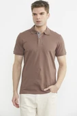 Detaylı Polo Yaka Kısa Kol Tişört - Sütlü Kahve thumbnail 1