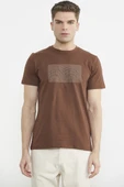 Bisiklet Yaka Baskılı Basic Tişört - Kahve - 2