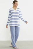 Kalın Çizgi Detaylı Pijama Takım - Mavi - 4