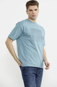 Oversize Baskılı Pamuk Tişört - Mavi thumbnail 3