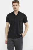 Kısa Kol Slim Fit Penye Gömlek - Siyah - 1