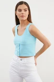 Askılı Düğme Detaylı Ribana Crop Tişört - Mavi thumbnail 5