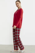 Düz Kombinli Ekose Pijama Takım - Kırmızı - 5