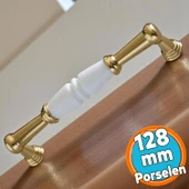 Mobilya Mutfak Kulp Çekmece Dolap  Kulplar Kapak Kulpu Kulbu Gerçek Porselen Beyaz-Altın 128 mm thumbnail 1