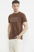 Bisiklet Yaka Baskılı Basic Tişört - Kahve - 3