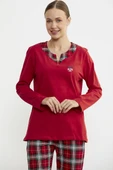 Düz Kombinli Ekose Pijama Takım - Kırmızı - 3