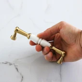 Mobilya Mutfak Kulp Çekmece Dolap  Kulplar Kapak Kulpu Kulbu Gerçek Porselen Beyaz-Altın 128 mm thumbnail 3