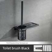 Alüminyum Banyo Tuvalet Fırçası Seti - Siyah Saklama Raflı - Delmesiz/Delsiz - 1