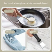 Mutfak Lavabo Ocak Bulaşık Fırçası - Tencere Fırçası 1'li Paket + L Mavi Eldiven + Siyah Kavisli Kürek thumbnail 1