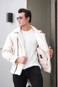 Mero Life Erkek Napa Deri Içi Full Kürklü Yüksek Kalite Slim Fit Beyaz Mont & Ceket - 2