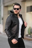 Mero Life Erkek Siyah Dar Kesim Kapüşonlu Bel Lastikli Ribanalı Deri Ceket & Mont - 4