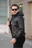 Mero Life Erkek Siyah Dar Kesim Kapüşonlu Bel Lastikli Ribanalı Deri Ceket & Mont - 3