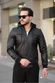 Mero Life Erkek Siyah Dar Kesim Kapüşonlu Bel Lastikli Ribanalı Deri Ceket & Mont - 1
