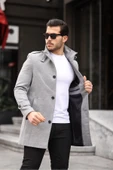 Mero Life Erkek Açık Gri Dar Kesim Dik Yaka Uzun Yün Karışımlı Kaşe Kaban - 1