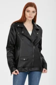 Mero Life Kadın Siyah Baharlık Oversize Içi Kürklü Kemerli Biker Deri Ceket - 3