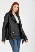 Mero Life Kadın Siyah Baharlık Oversize Içi Kürklü Kemerli Biker Deri Ceket - 5