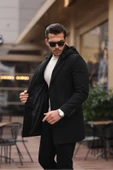 Mero Life Erkek Siyah Yün Karışımlı Kaşe Kapüşonlu Önü Fermuarlı Ve Düğmeli Kaban - 1
