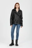 Mero Life Kadın Siyah Baharlık Oversize Içi Kürklü Kemerli Biker Deri Ceket - 1
