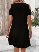 Kadın askılı omuzlardan açık kısa kollu kuş gözü detaylı viskon elbise - 6