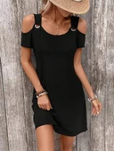 Kadın askılı omuzlardan açık kısa kollu kuş gözü detaylı viskon elbise - 5