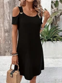 Kadın askılı omuzlardan açık kısa kollu kuş gözü detaylı viskon elbise - 3