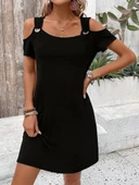 Kadın askılı omuzlardan açık kısa kollu kuş gözü detaylı viskon elbise - 4