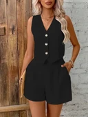 Kadın Sıfır Kol Askılı V Yakalı önden Düğmeli Ithal Keten Ceket Ve Short Ikili Takım thumbnail 1