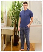 Pijamoni Erkek Düğme Yaka Kısa Kol  Pijama Takımı 6850/14 - 1 Adet  M Saks Mavi - 1