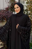 Yarasakol İşleme Detaylı Abaya 70012 Siyah-Gold thumbnail 9