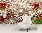 3D Kabartma İnci Kırmızı Beyaz Çiçek Desenli Duvar Kağıdı Baskı - 6