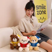 Noel Temalı Ayıcık - Kırmızı Tişört - Koyu Kahverengi Peluş - 20cm - 9