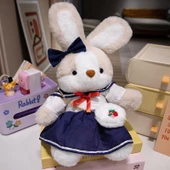 35cm Çiçek Elbiseli Peluş Tavşan Bebek - Öğrenci Etekli - 1