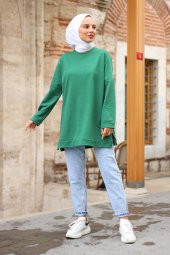Yırtmaçlı Yuvarlak Yaka Tesettür Sweatshirt - Yeşil - 2