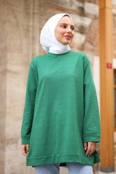 Yırtmaçlı Yuvarlak Yaka Tesettür Sweatshirt - Yeşil - 3