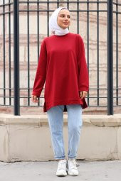 Yırtmaçlı Yuvarlak Yaka Tesettür Sweatshirt - Bordo - 1