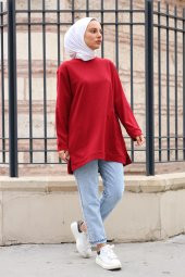 Yırtmaçlı Yuvarlak Yaka Tesettür Sweatshirt - Bordo - 2