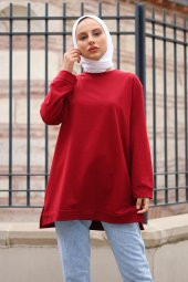 Yırtmaçlı Yuvarlak Yaka Tesettür Sweatshirt - Bordo - 3