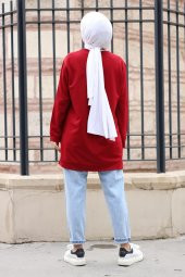 Yırtmaçlı Yuvarlak Yaka Tesettür Sweatshirt - Bordo - 4
