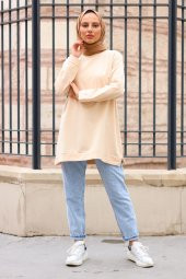 Yırtmaçlı Yuvarlak Yaka Tesettür Sweatshirt - Bej - 1