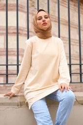 Yırtmaçlı Yuvarlak Yaka Tesettür Sweatshirt - Bej - 2