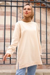 Yırtmaçlı Yuvarlak Yaka Tesettür Sweatshirt - Bej - 3