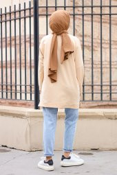 Yırtmaçlı Yuvarlak Yaka Tesettür Sweatshirt - Bej - 4
