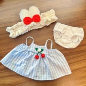 40cm Çiçekli Peluş Bebek Elbisesi - Mavi Üç Parça Set - 7